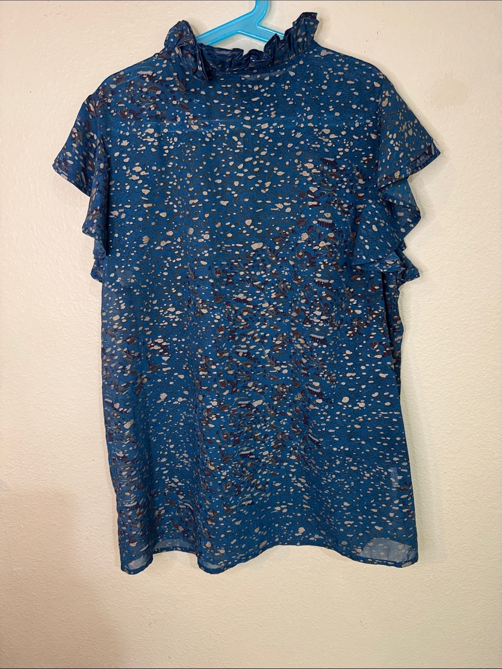 Elan Teal Blue Ruffle Mock-Neck Flutter Sleeve Blouse